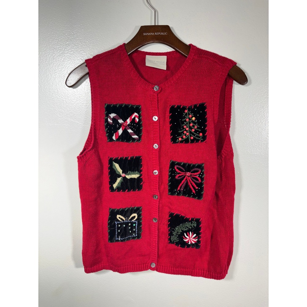 Vtg 90s First Issue Christmas Sweater Vest Womens Sz M Red Embroidered Holiday